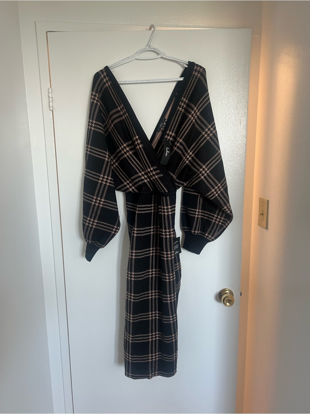 Lulu's Black Plaid Wrap Midi Dress with Beige Accents